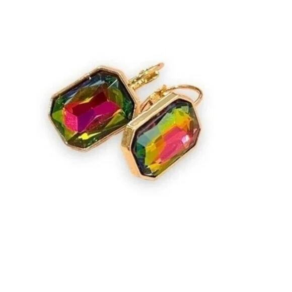 Green Iridescent Crystal Drop Dangle Earrings - Picture 3 of 6